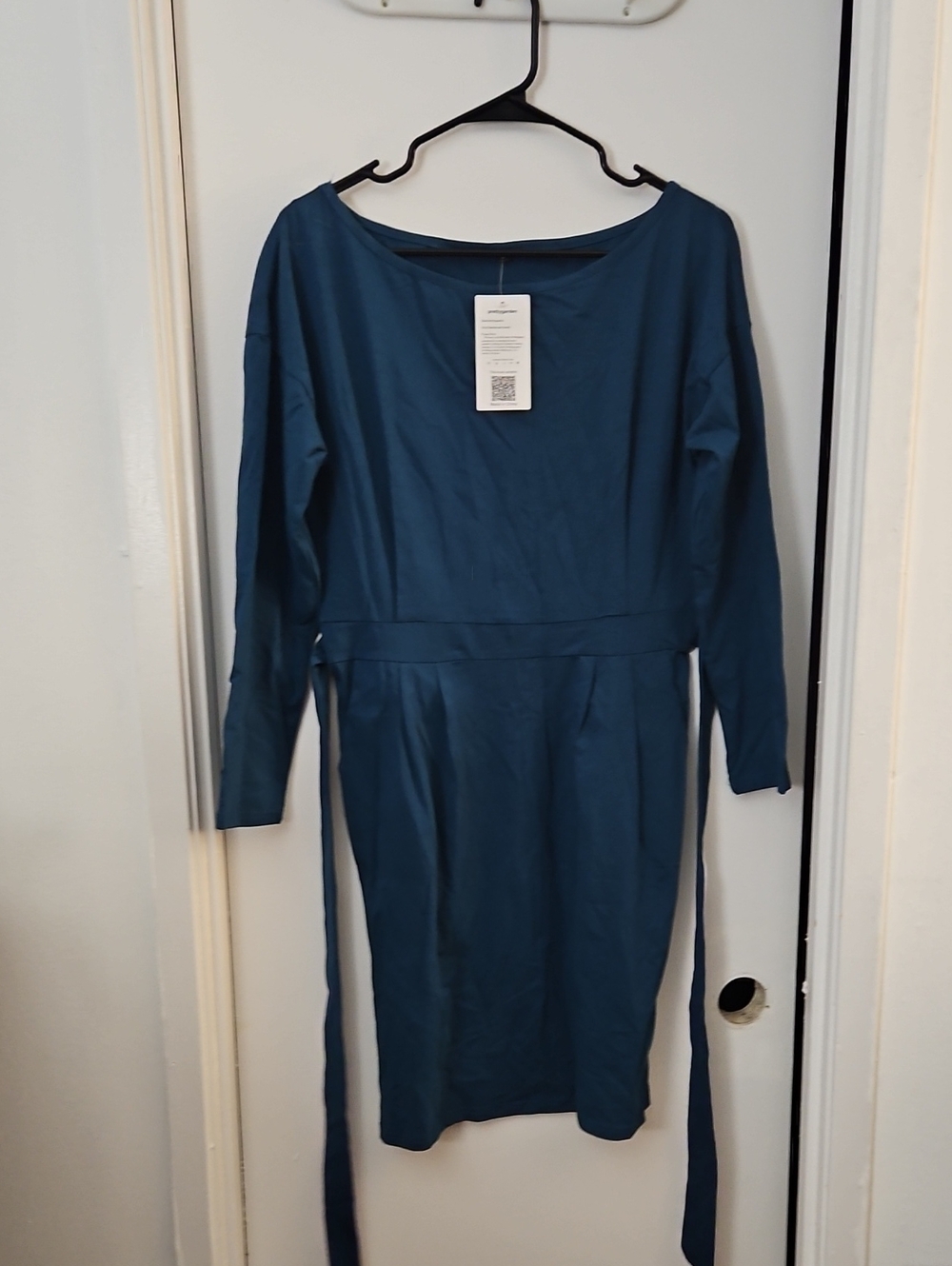 Blue Long-Sleeve Sheath Dress with Waist Tie